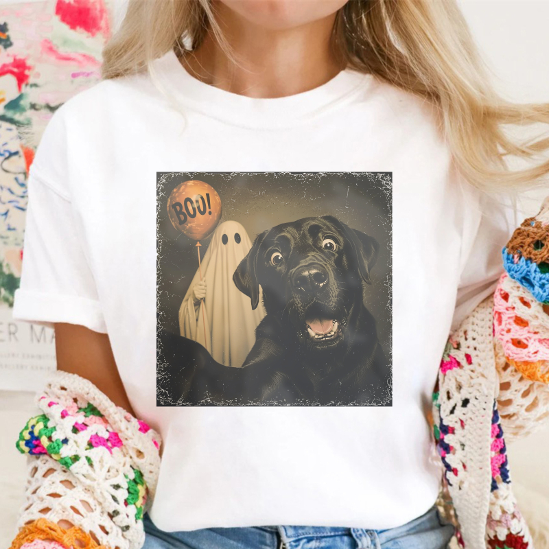 Halloween Black Lab Dog And Ghost With Boo Balloon Funny Scared Pet, Unisex Classic T-shirt