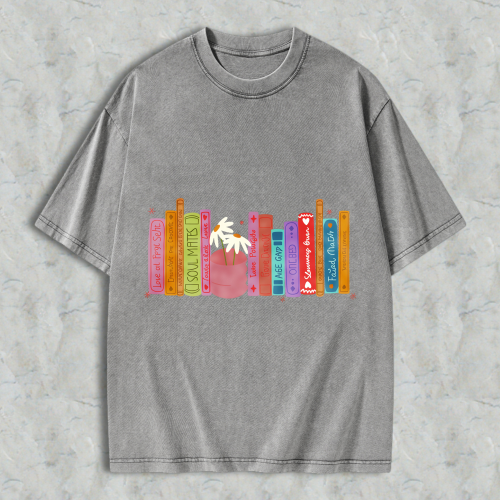 Wardrobecart Bookshelf With Palm Tree And Colorful Books Unisex Washed T-shirt