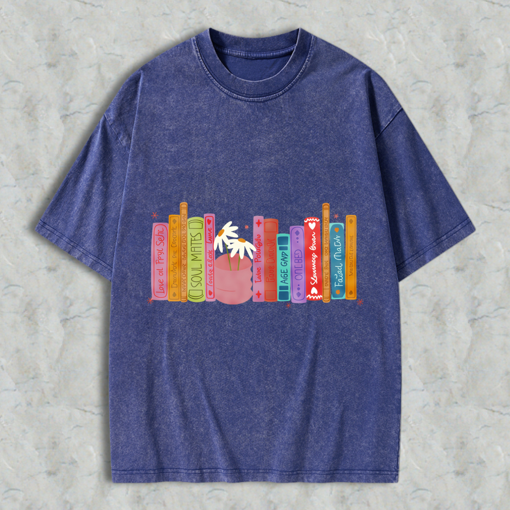 Wardrobecart Bookshelf With Palm Tree And Colorful Books Unisex Washed T-shirt