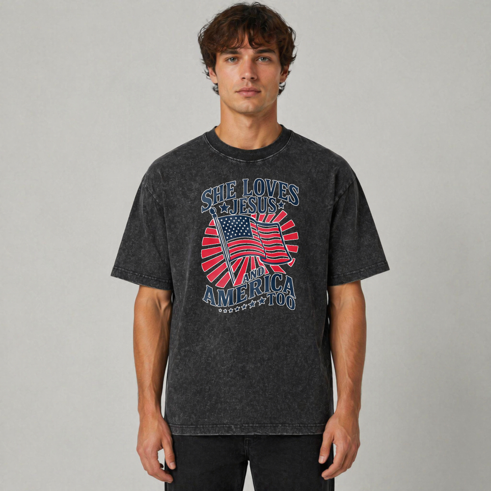 She Loves Jesus And America Too American Flag Design Washed T-shirt