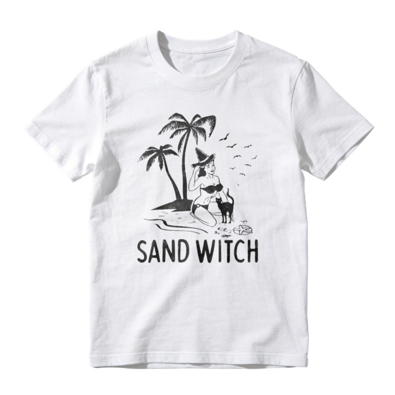 Sand Witch Palm Tree Cat Silhouette Funny Pun Graphic T-shirt