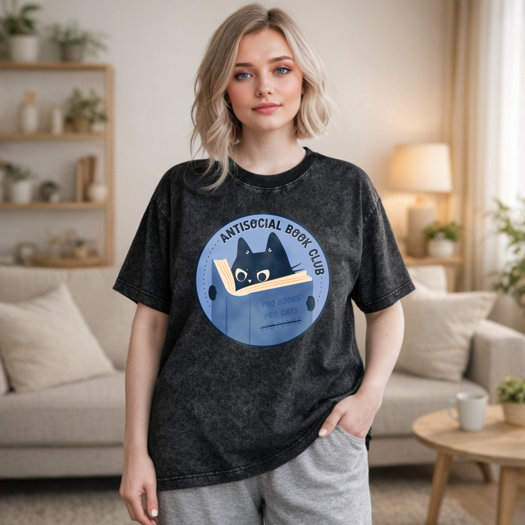 Wardrobecart Antisocial Book Club Cat Reading Book Design Unisex Washed T-shirt