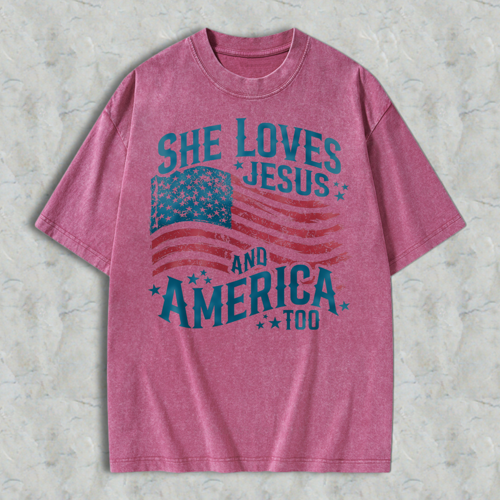 She Loves Jesus And America Too American Flag Design Washed T-shirt