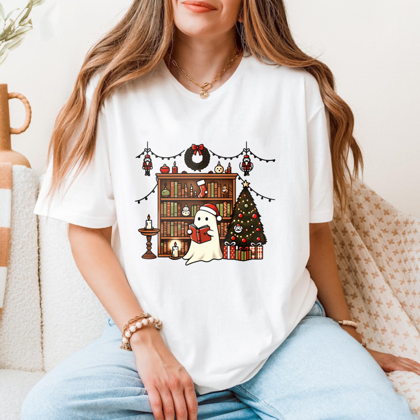 Wardrobecart Ghost Reading Book Christmas Tree Shelf Decorations Tshirt