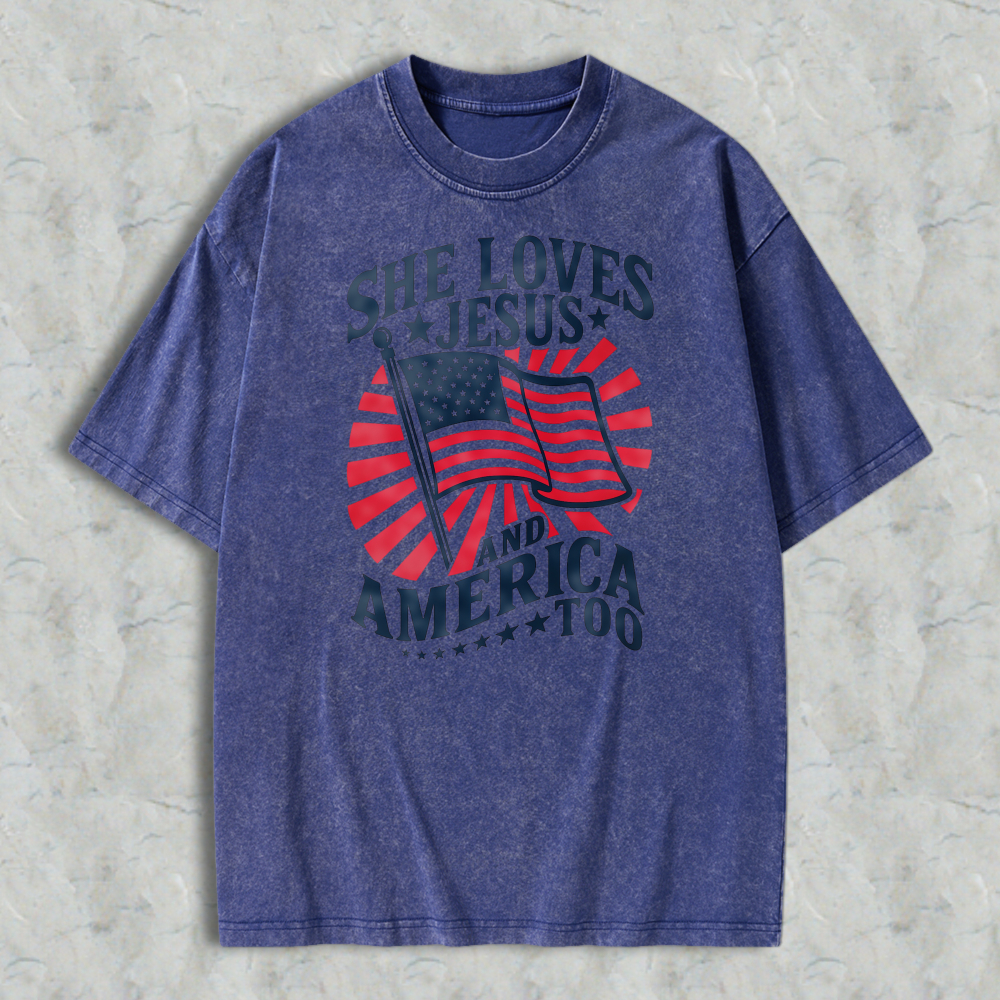 She Loves Jesus And America Too American Flag Design Washed T-shirt