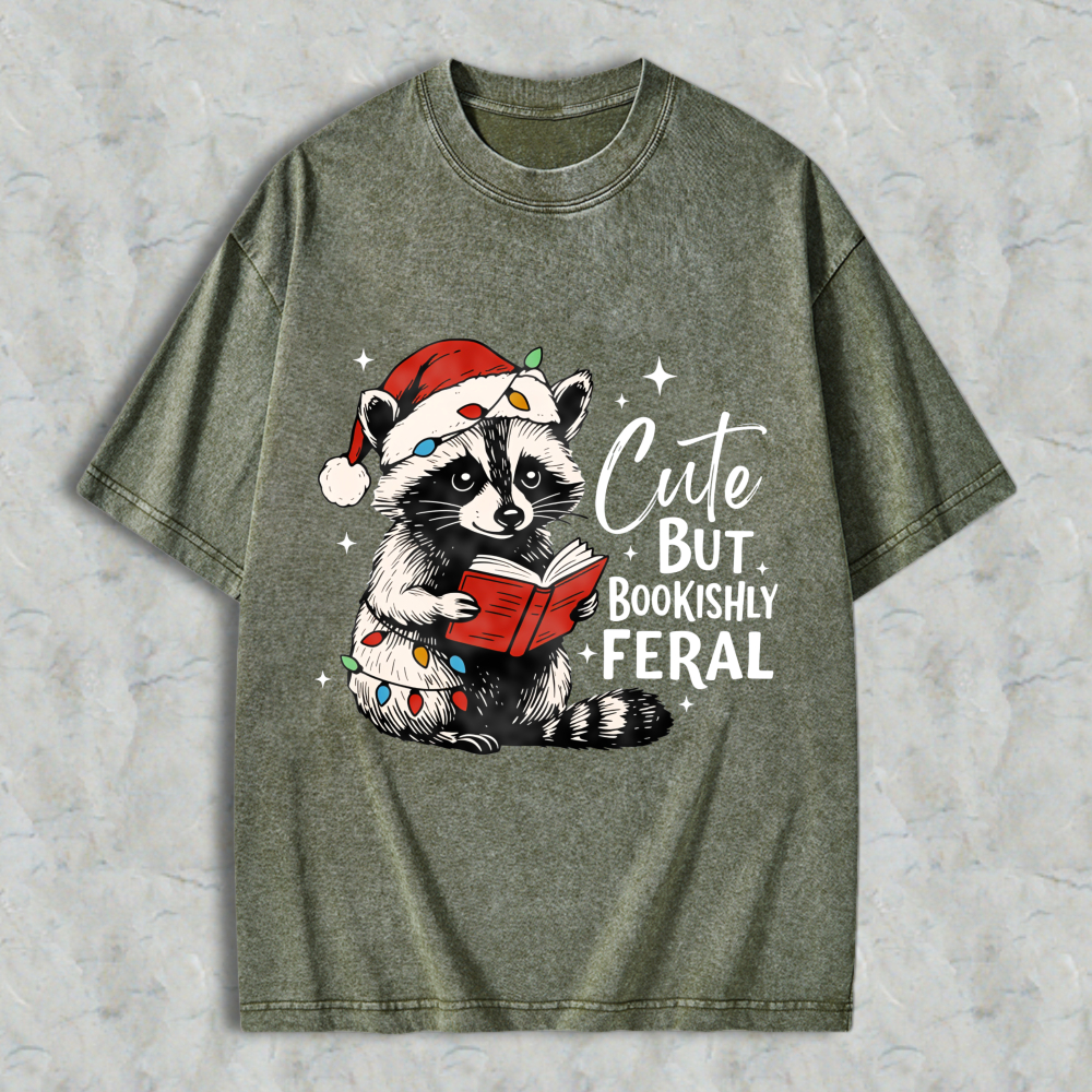 Wardrobecart Cute But Bookishly Feral Raccoon Reading Christmas Book Unisex Washed T-shirt