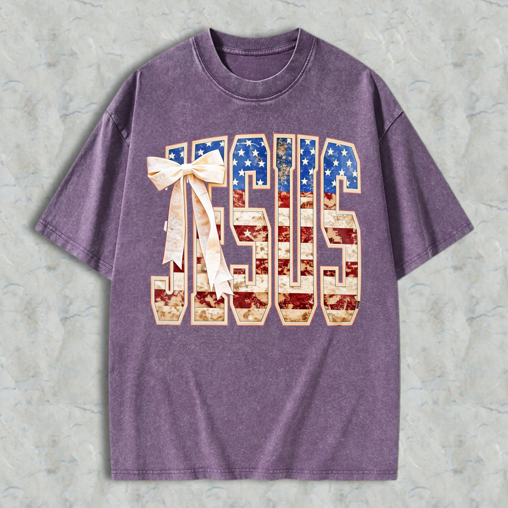 Jesus American Flag Design Washed T-shirt