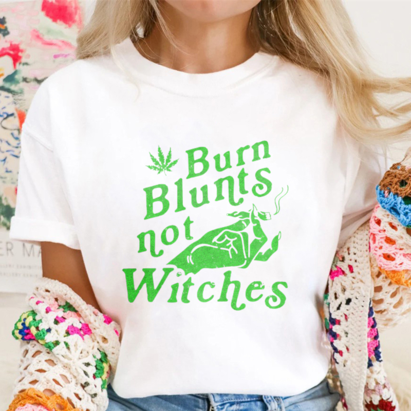 Burn Blunts Not Witches Funny Cannabis Leaf Witch Riding Broomstick Graphic T-shirt