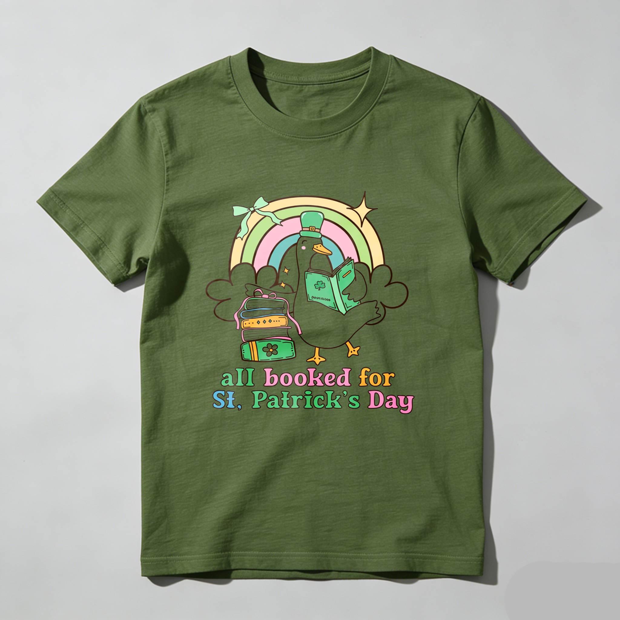 Wardrobecart Rainbow Duck Book Bag Shamrock tshirt