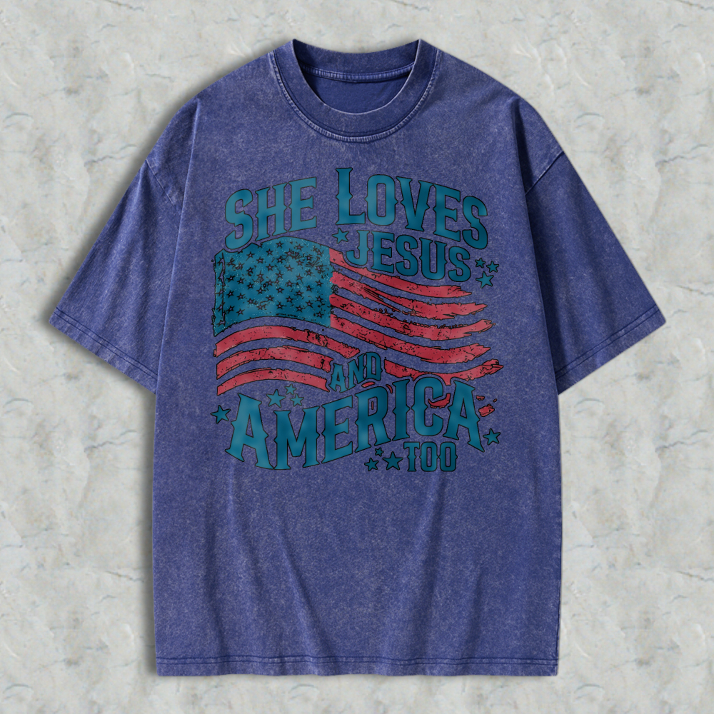 She Loves Jesus And America Too American Flag Design Washed T-shirt