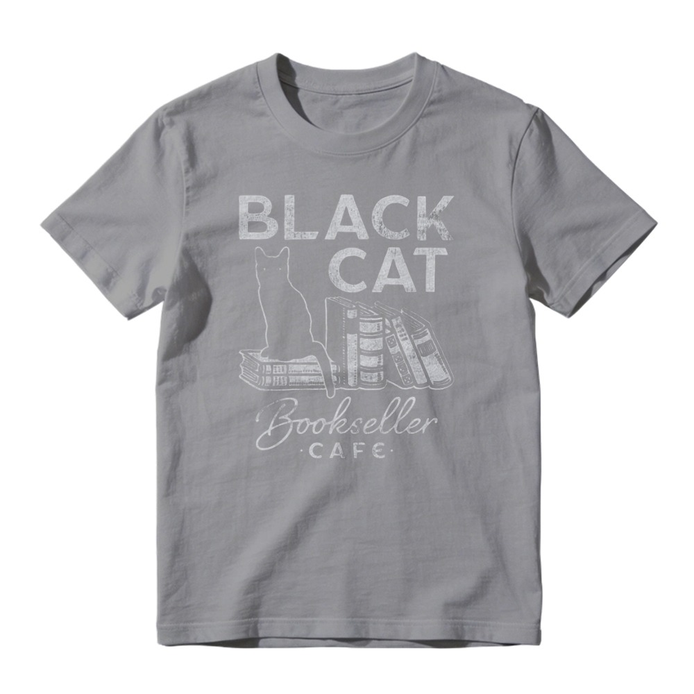 Black Cat Bookseller Cafe Silhouette With Stacked Books Vintage Literary Design T-shirt