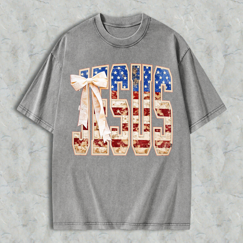Jesus American Flag Design Washed T-shirt