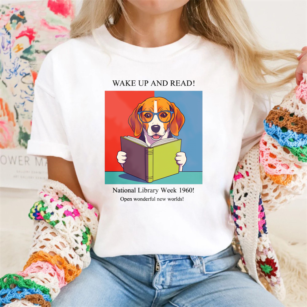 Wardrobecart Wake Up And Read Dog With Book Tshirt 100% cotton
