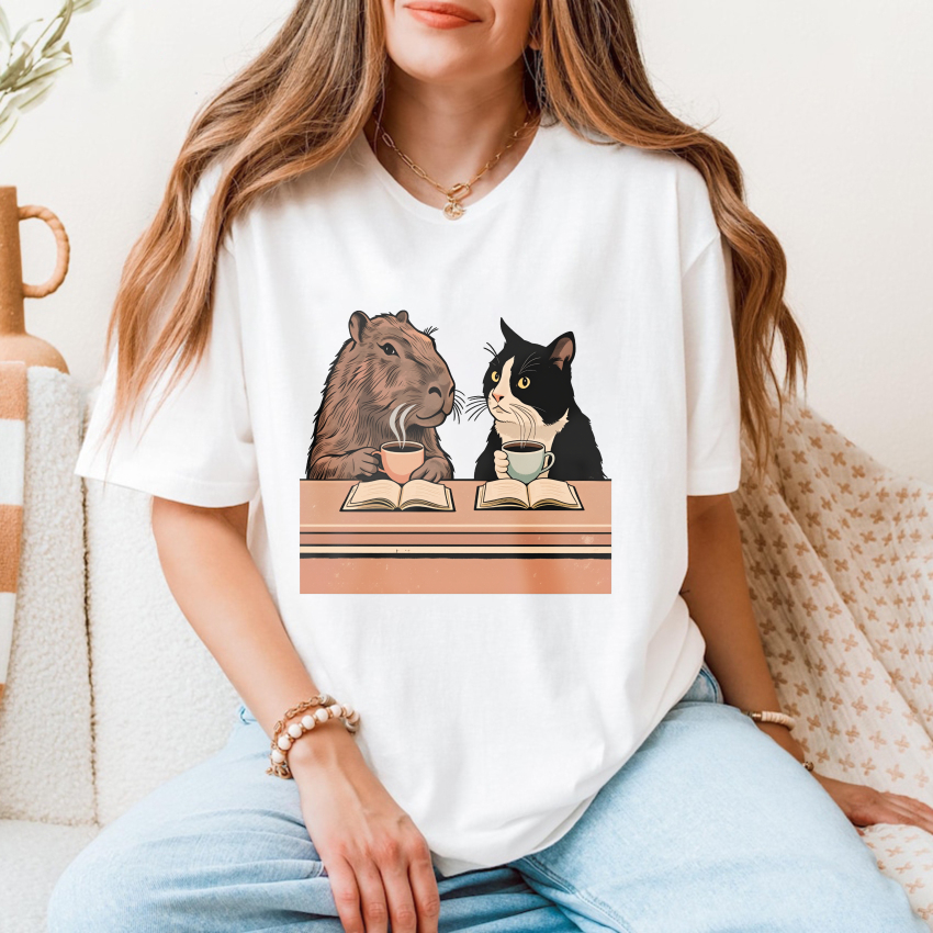 Wardrobecart Capybara And Cat Reading Books With Tea Tshirt