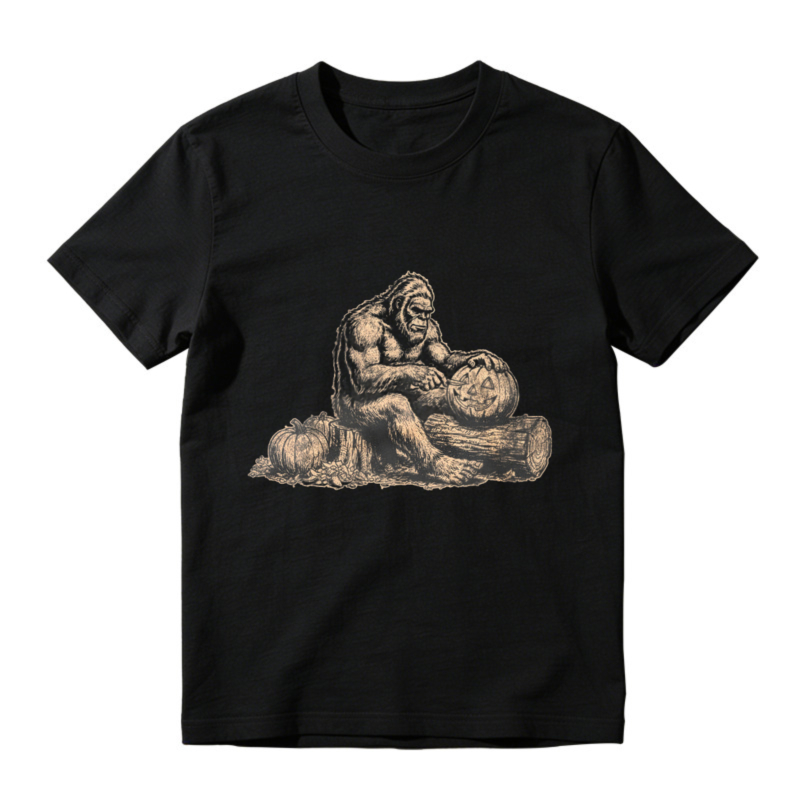Vintage Style Bigfoot Sasquatch Sitting On Log Holding Skull Graphic T-shirt
