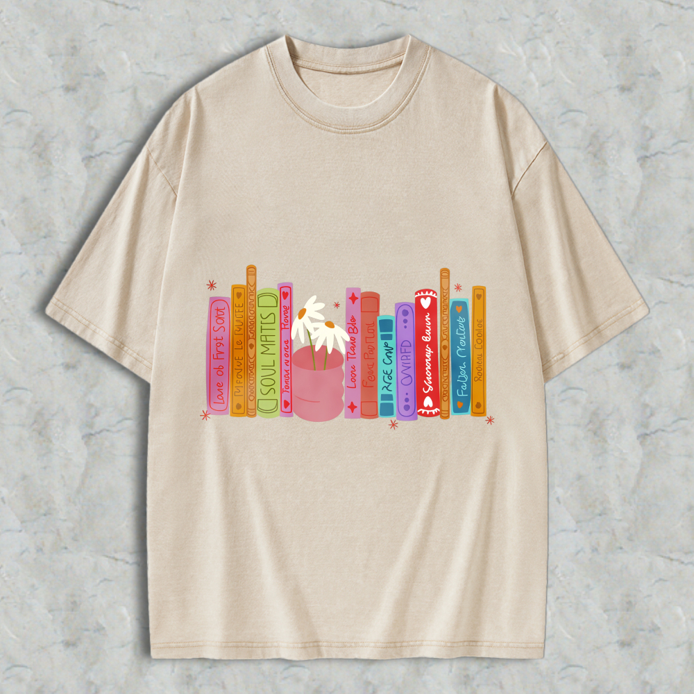 Wardrobecart Colorful Bookshelf With Potted Plant And Book Titles Unisex Washed T-shirt