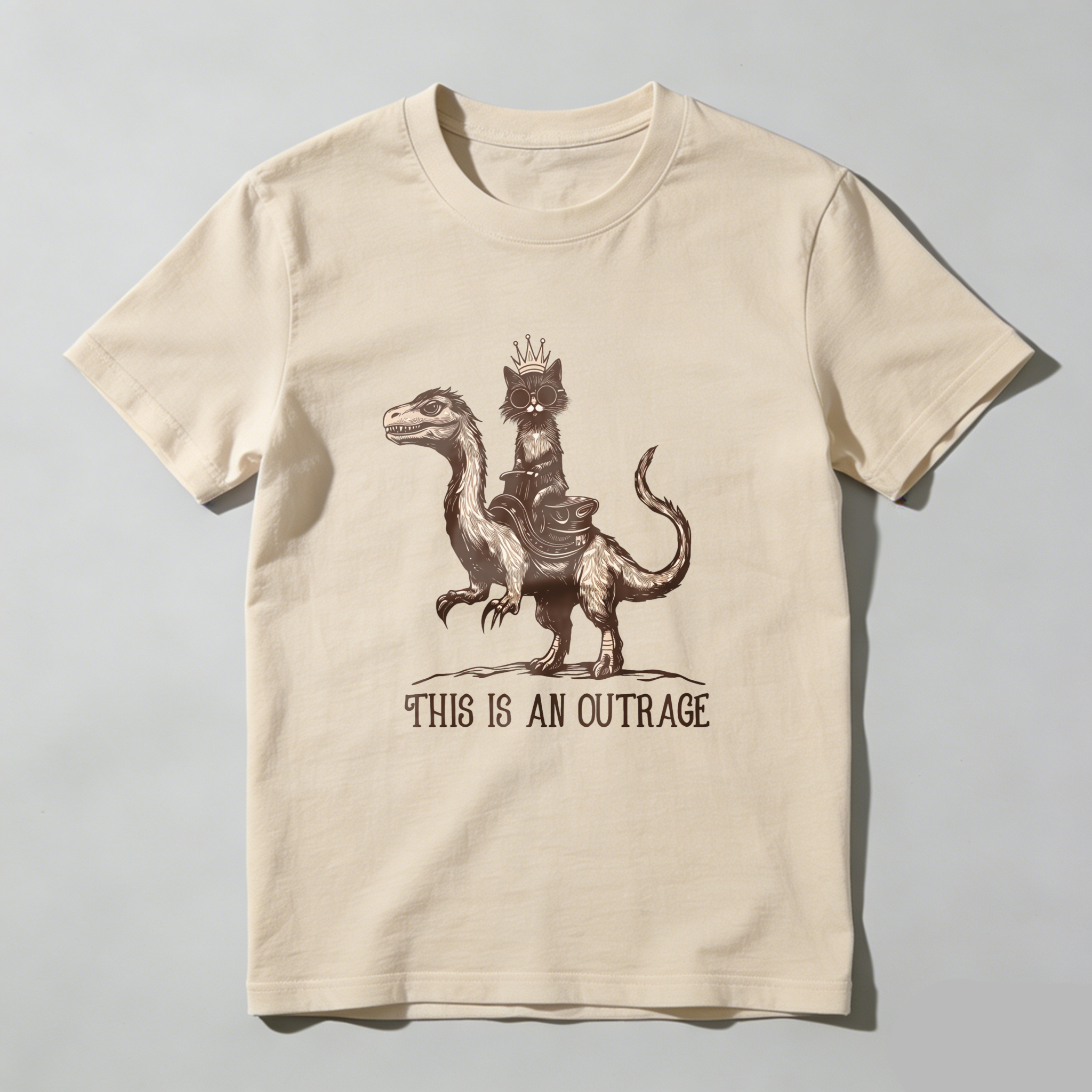 Wardrobecart Cat King Riding Dinosaur This Is An Outrage tshirt
