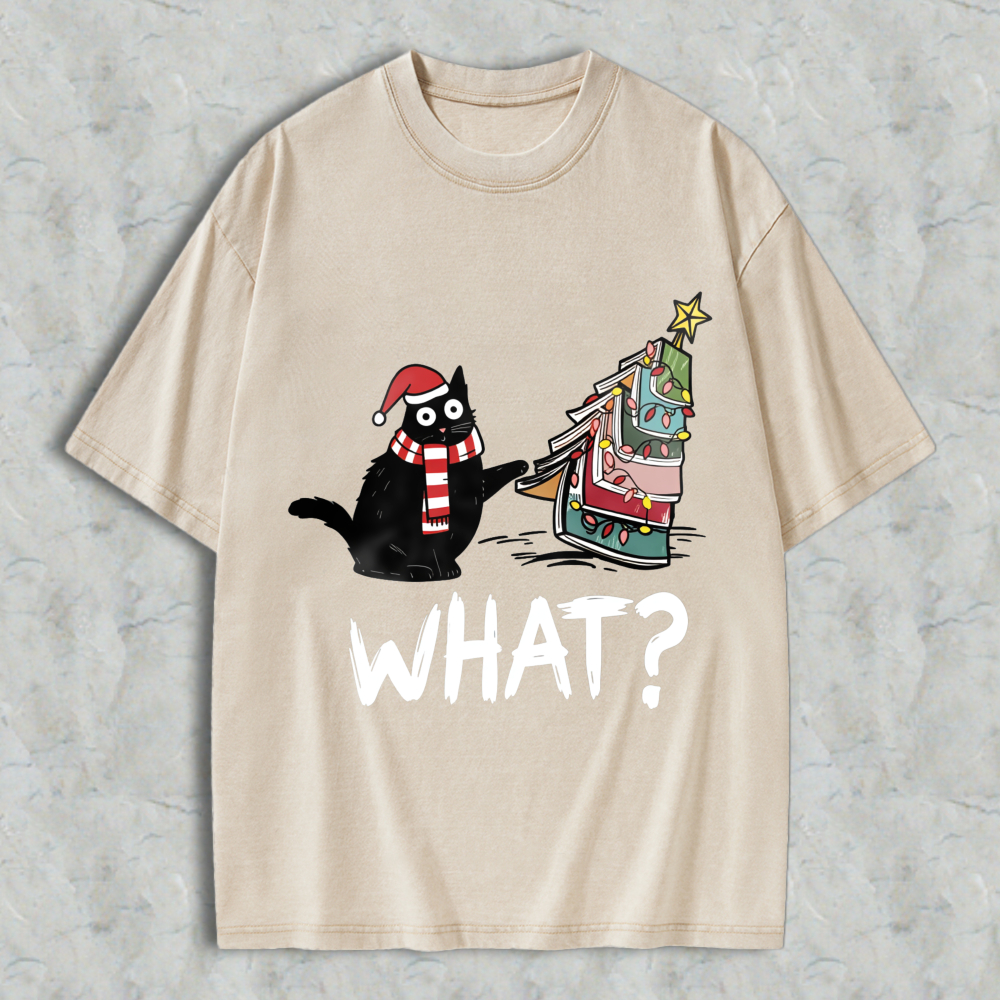 Wardrobecart Cartoon Cat Wearing Santa Hat And Scarf Standing Next To A Christmas Tree With A Star On Top What Question Mark Unisex Washed T-shirt