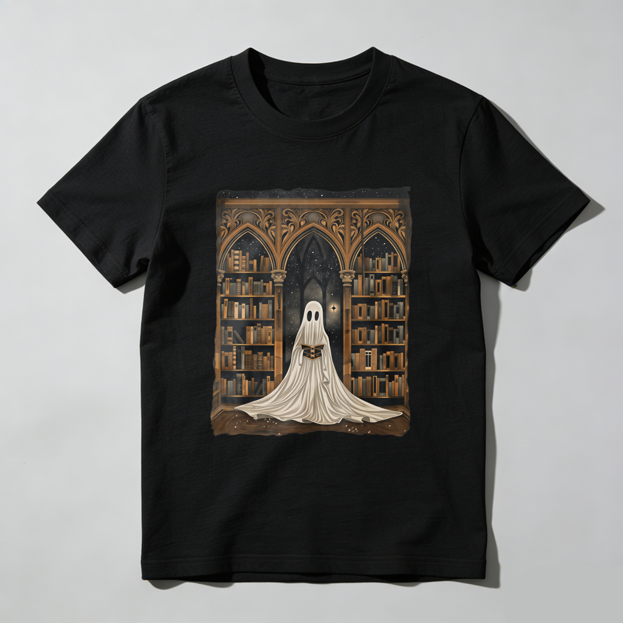 Wardrobecart Ghost In Library With Books And Stars Tshirt