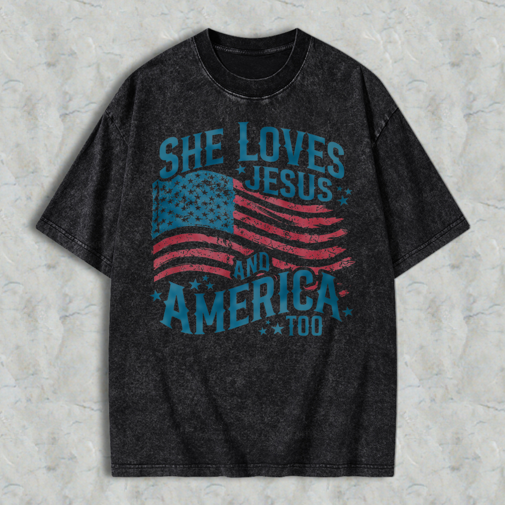 She Loves Jesus And America Too American Flag Design Washed T-shirt