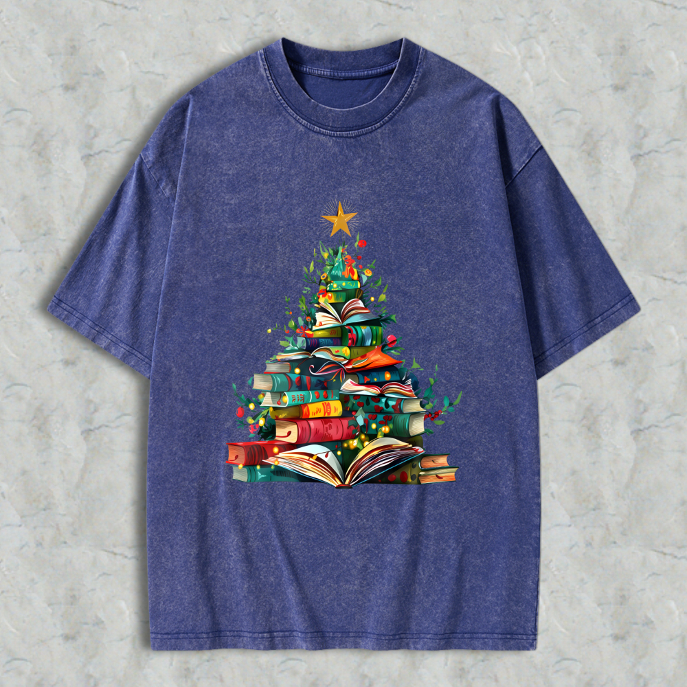 Wardrobecart Book Christmas Tree Design Unisex Washed T-shirt