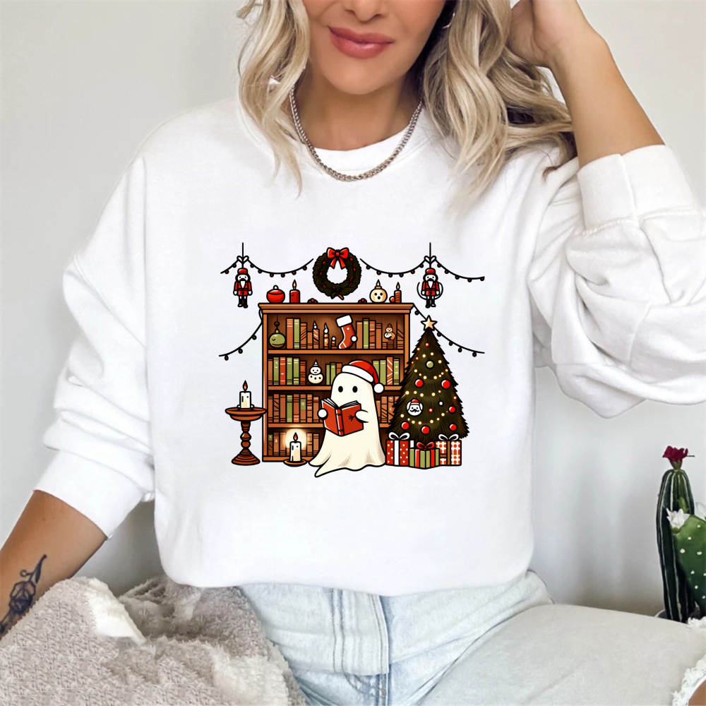 Wardrobecart Ghost Reading Book Christmas Tree Bookshelf Holiday Decor Unisex Classic Sweatshirt