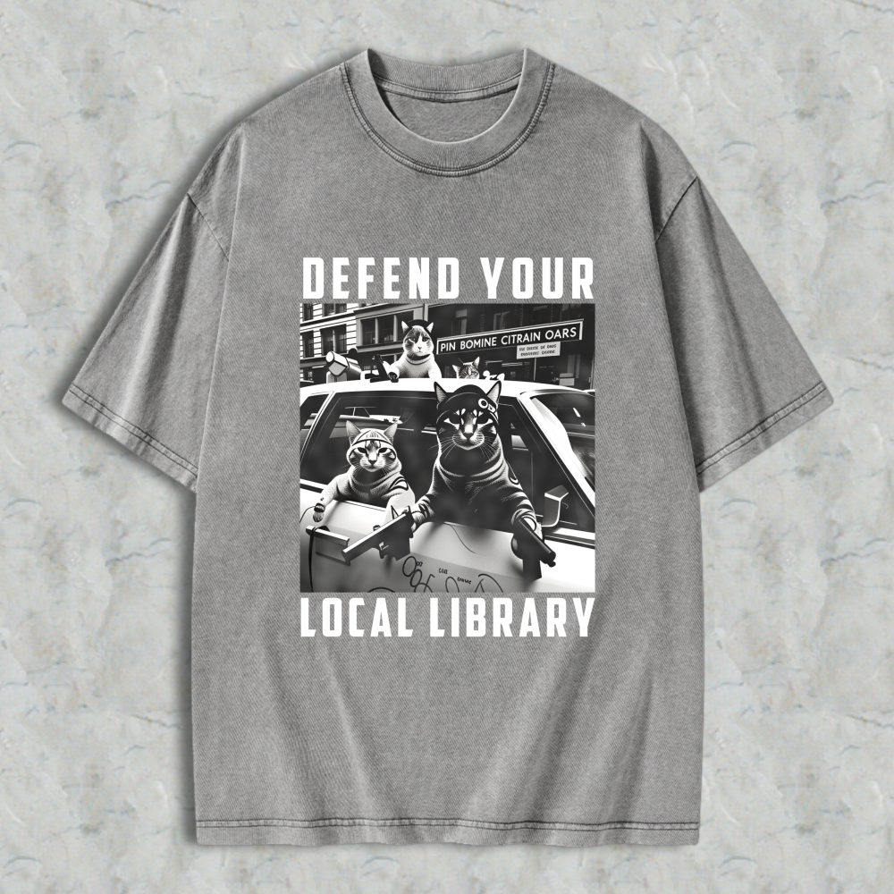 Wardrobecart Defend Your Local Library Cats With Guns Unisex Washed T-shirt