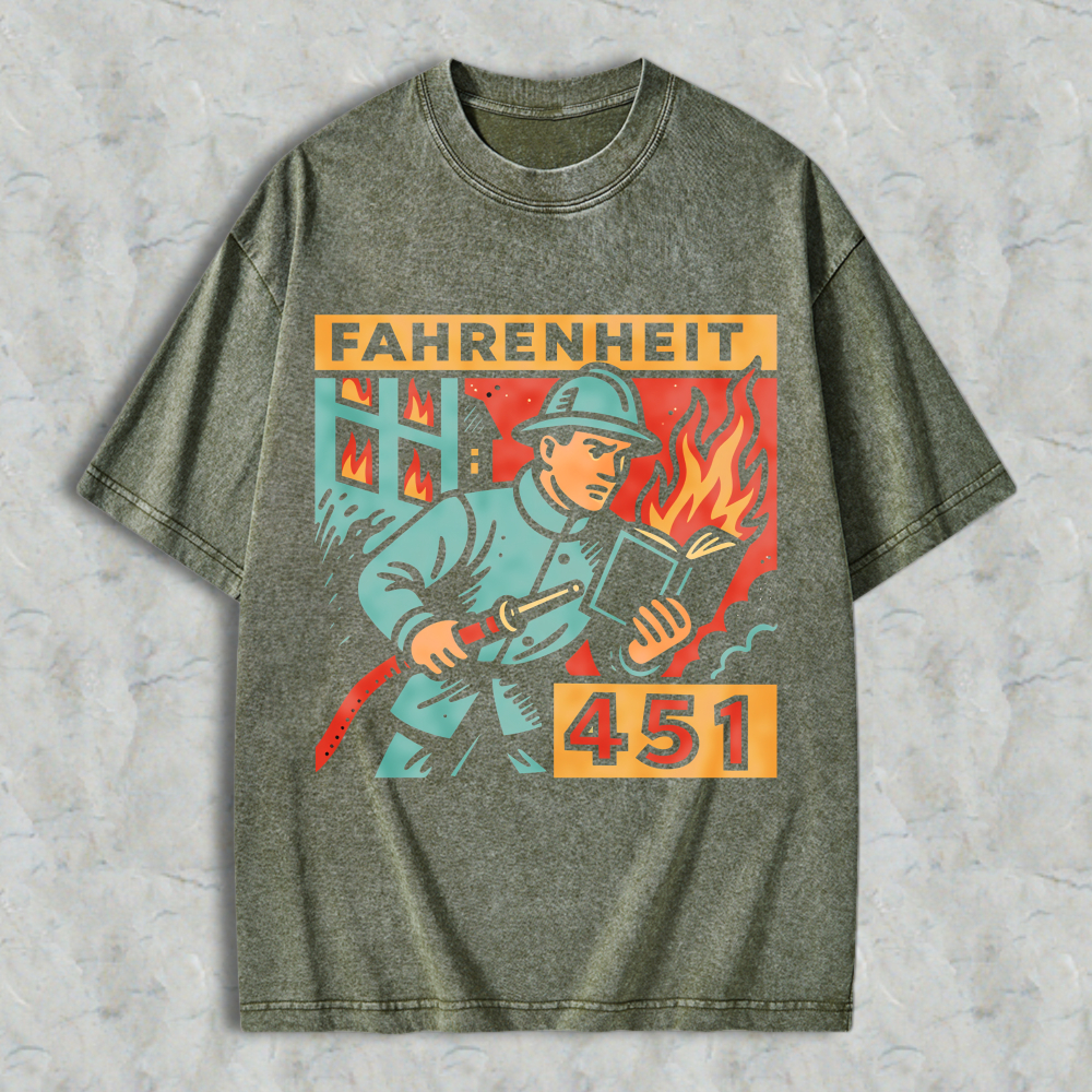 Wardrobecart Fahrenheit 451 Firefighter Holding Book With Flames Pattern Unisex Washed T-shirt