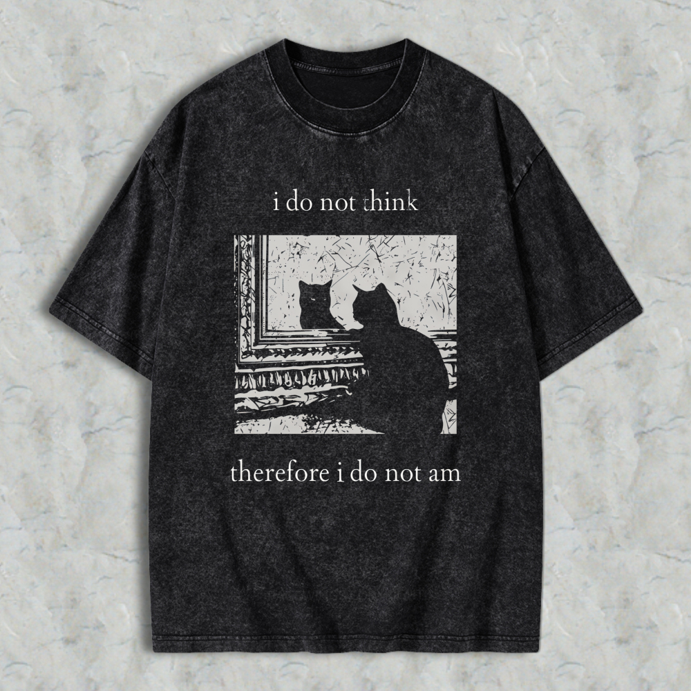Wardrobecart Cat Silhouette Window Scene I Do Not Think Therefore I Do Not Am Unisex Washed T-shirt