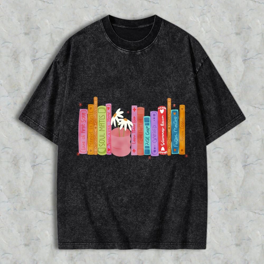 Wardrobecart Colorful Bookshelf With Potted Plant And Book Titles Unisex Washed T-shirt