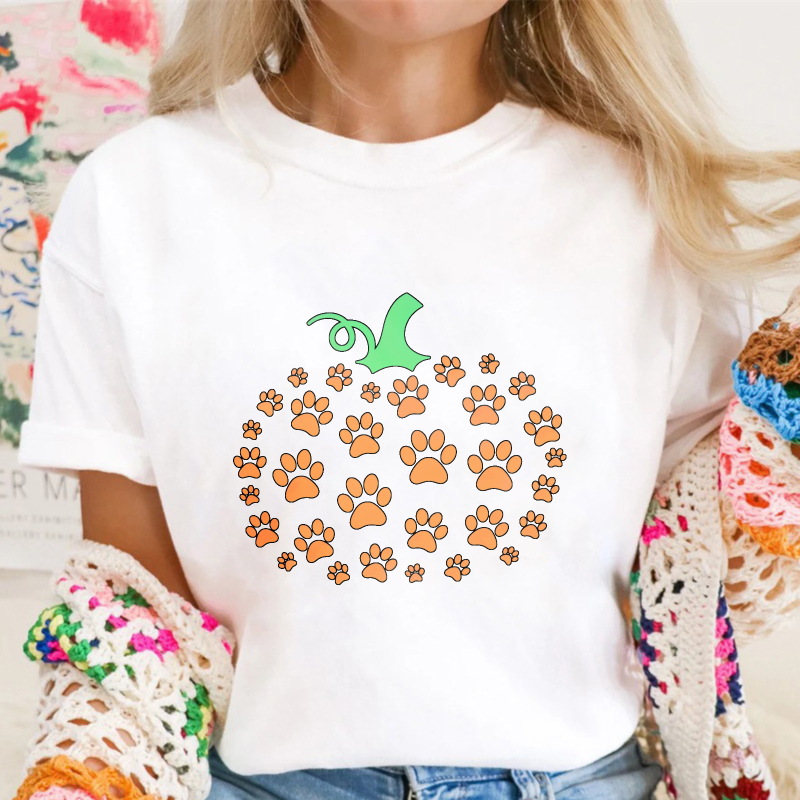Pumpkin Made Of Orange Paw Prints With Green Stem Unisex Classic T-shirt
