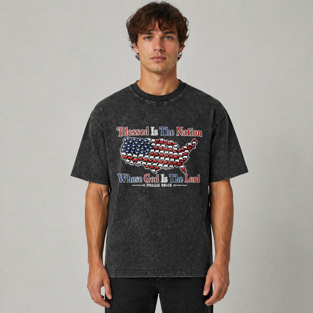 Blessed Is The Nation Whose God Is The Lord American Flag Map Design Washed T-shirt