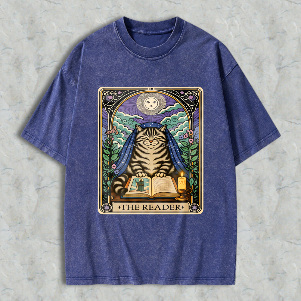 Wardrobecart Cat Reading Book Tarot Card The Reader Unisex Washed T-shirt