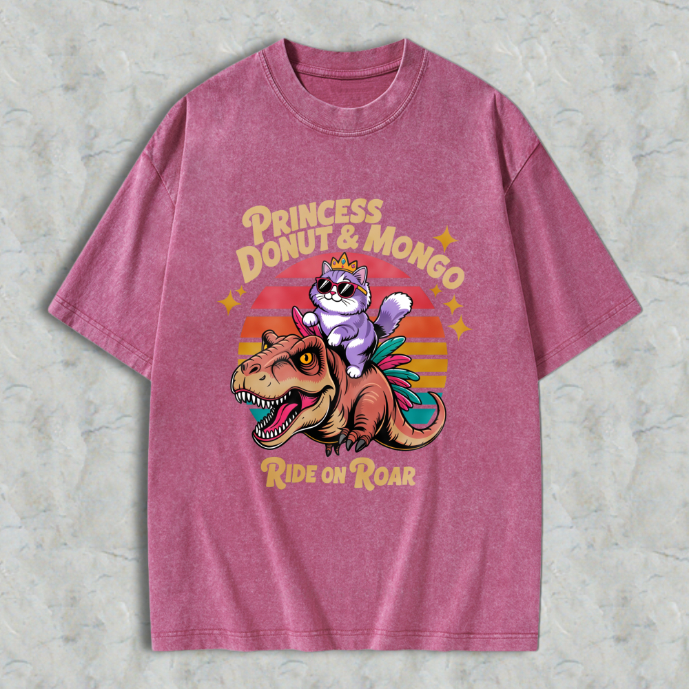 Wardrobecart Princess Donut And Mongo Ride On Roar Cat Riding Dinosaur Vintage Sunset Design Unisex Washed T-shirt