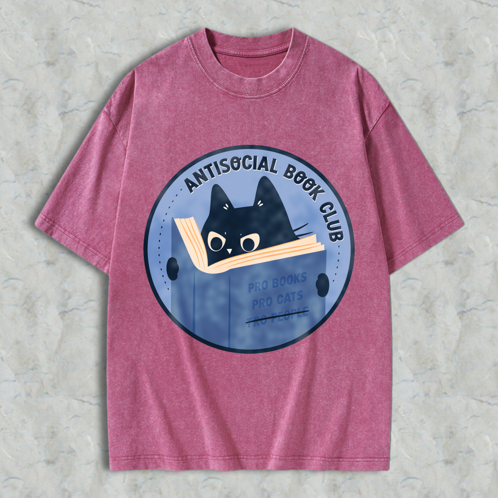 Wardrobecart Antisocial Book Club Cat Reading Book Design Unisex Washed T-shirt