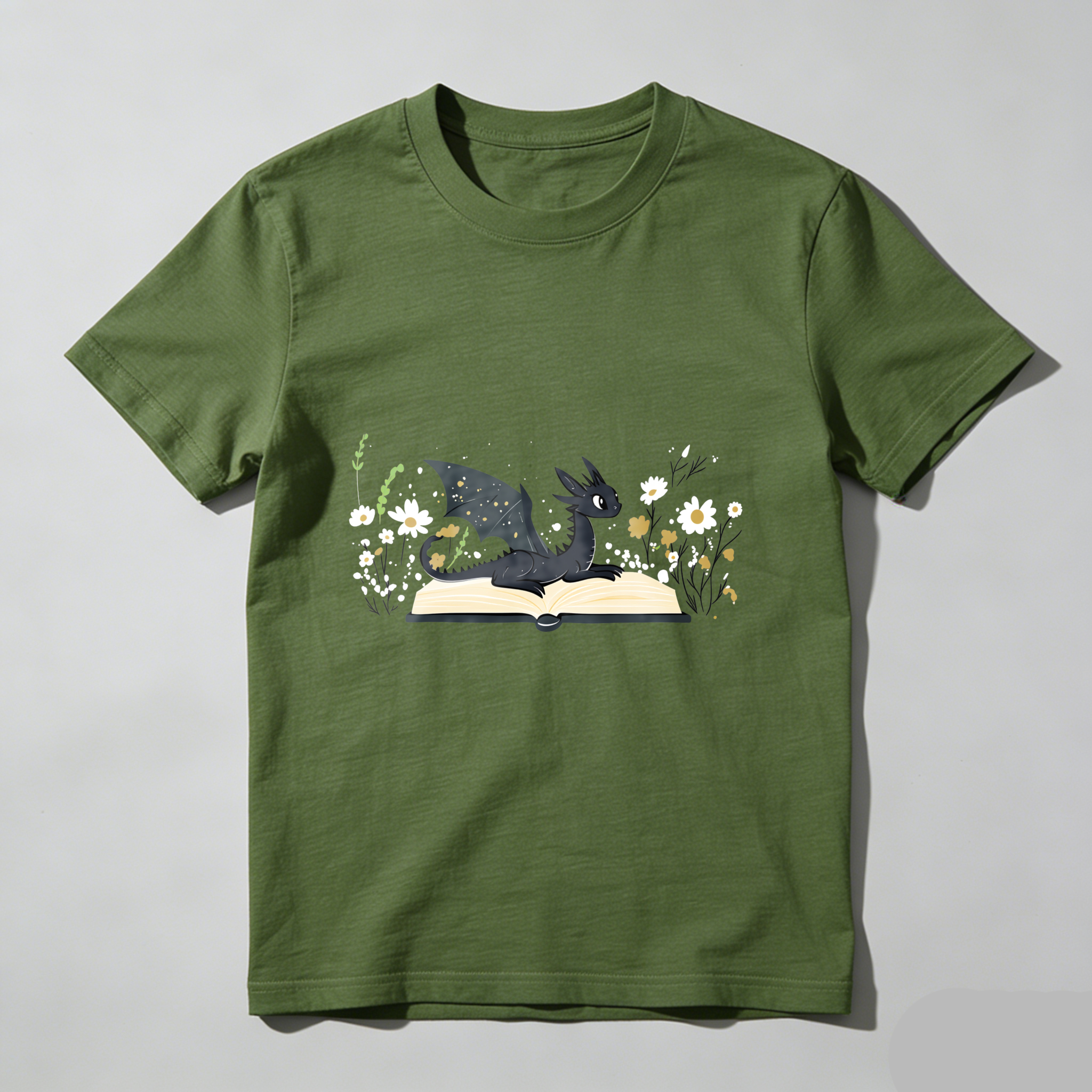 Wardrobecart Dragon Reading Book With Flowers Tshirt