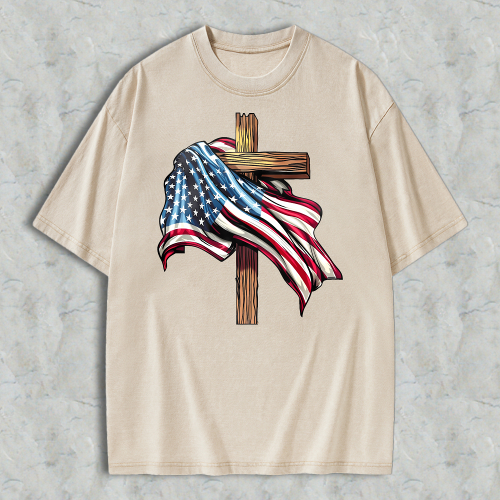 American Flag And Cross Design Washed T-shirt