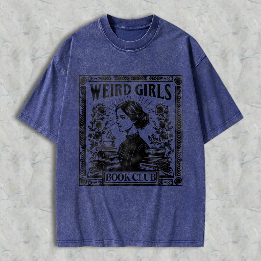 Wardrobecart Weird Girls Book Club Vintage Style Woman Reading With Books And Coffee Unisex Washed T-shirt