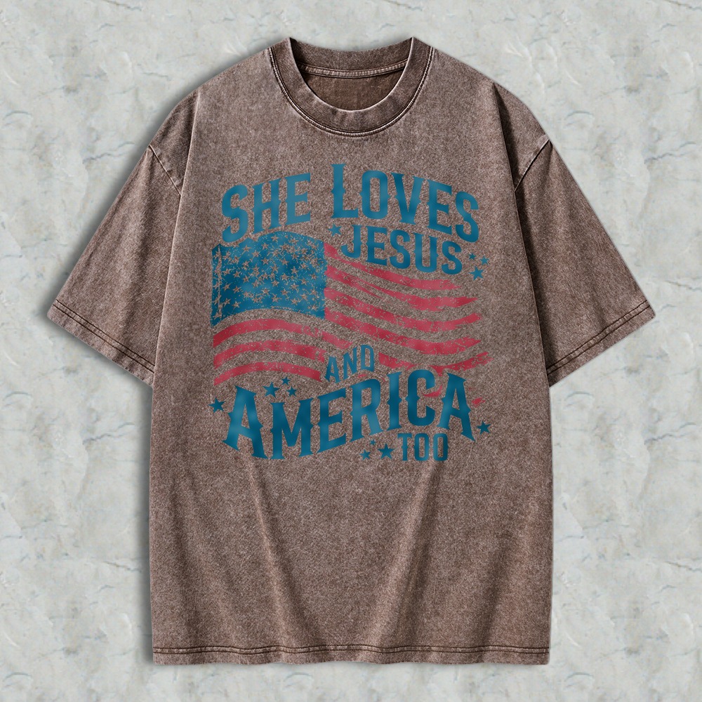 She Loves Jesus And America Too American Flag Design Washed T-shirt