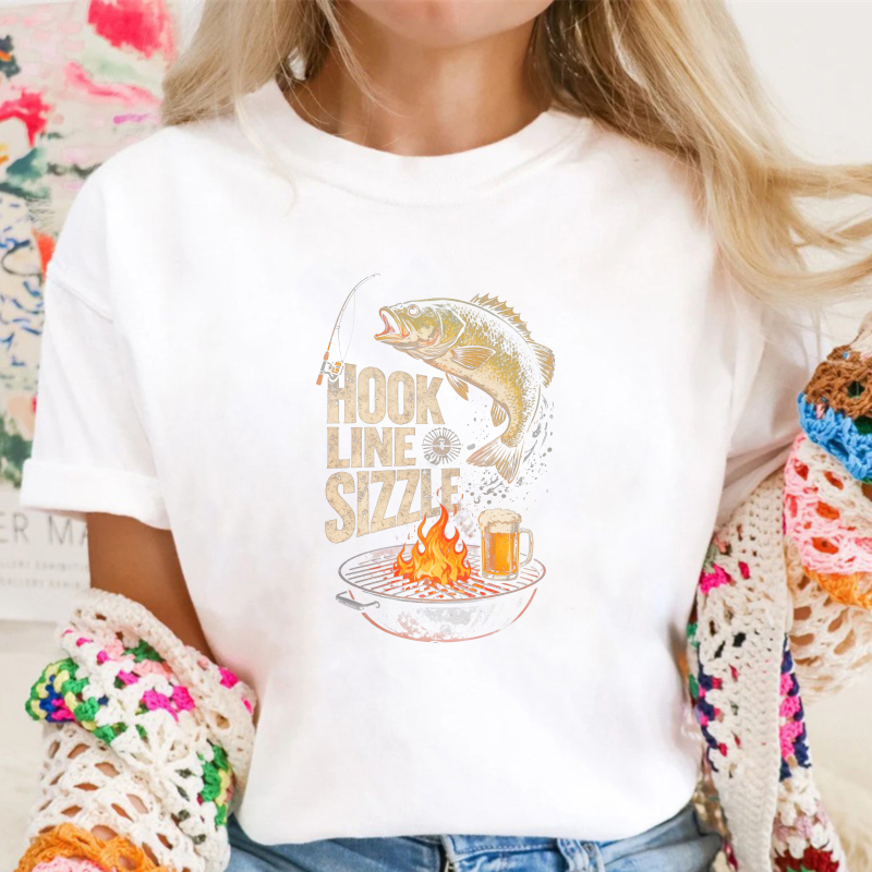 Hook Line Sizzle Fishing Fish Grill Beer Graphic Unisex Classic T-shirt