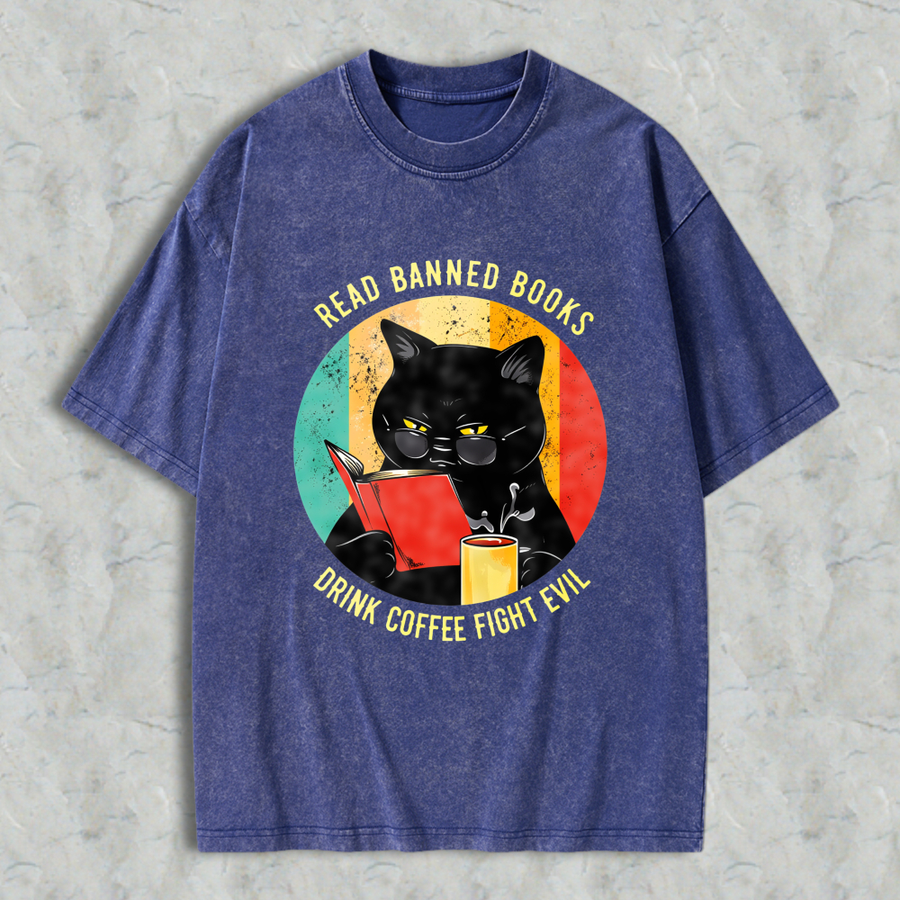 Wardrobecart Cat Reading Book With Coffee And Banned Books Text Unisex Washed T-shirt