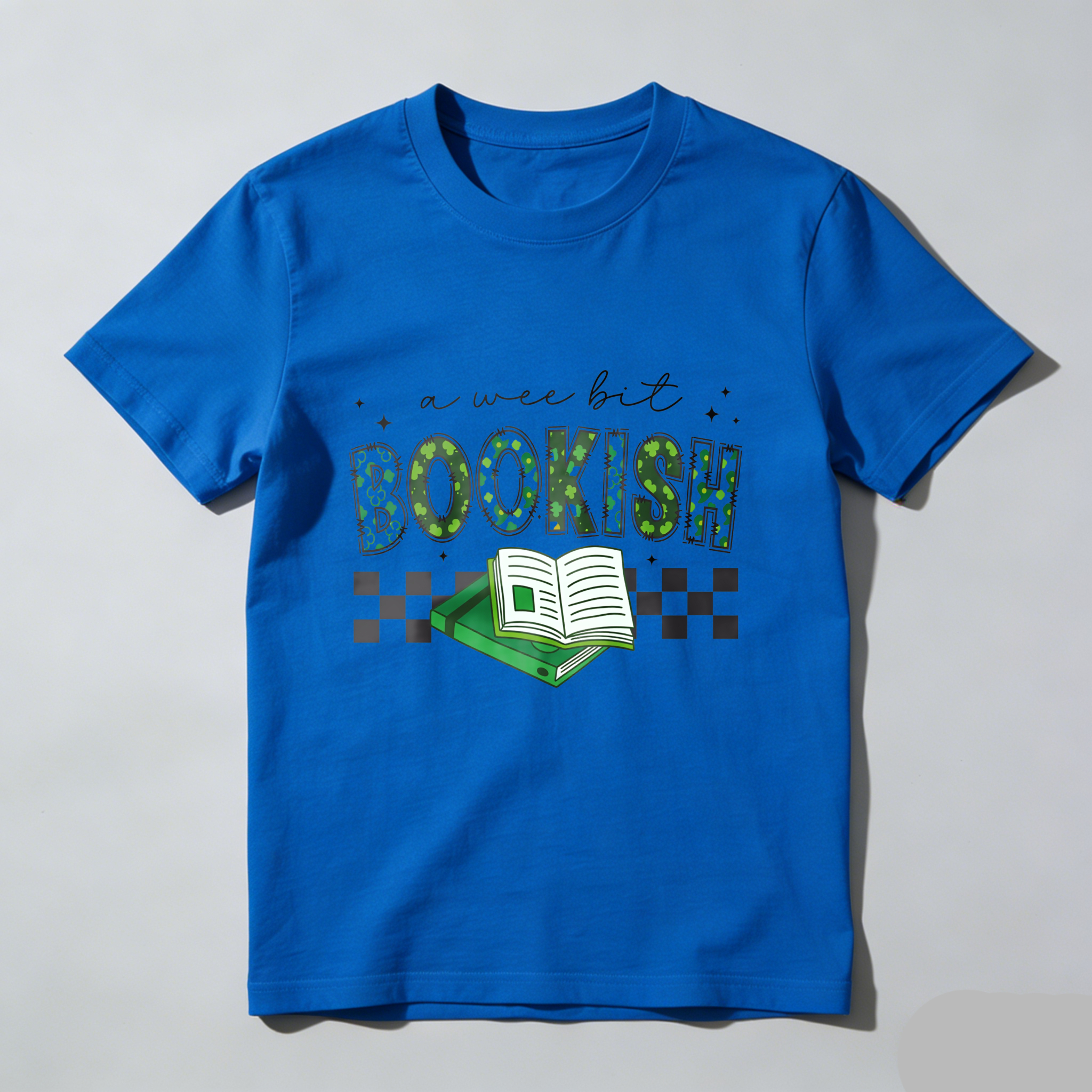 Wardrobecart A Wee Bit Bookish With Open Book And Checkered Pattern tshirt