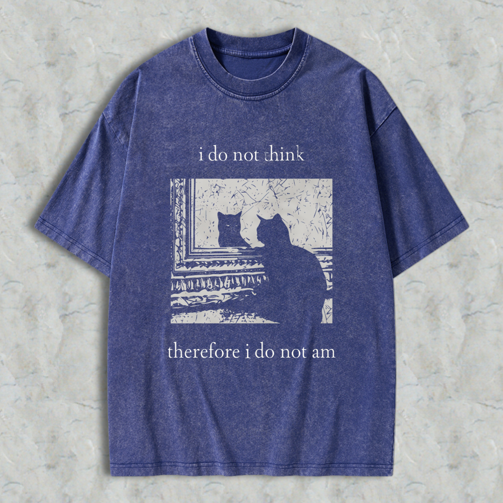 Wardrobecart Cat Silhouette Window Scene I Do Not Think Therefore I Do Not Am Unisex Washed T-shirt