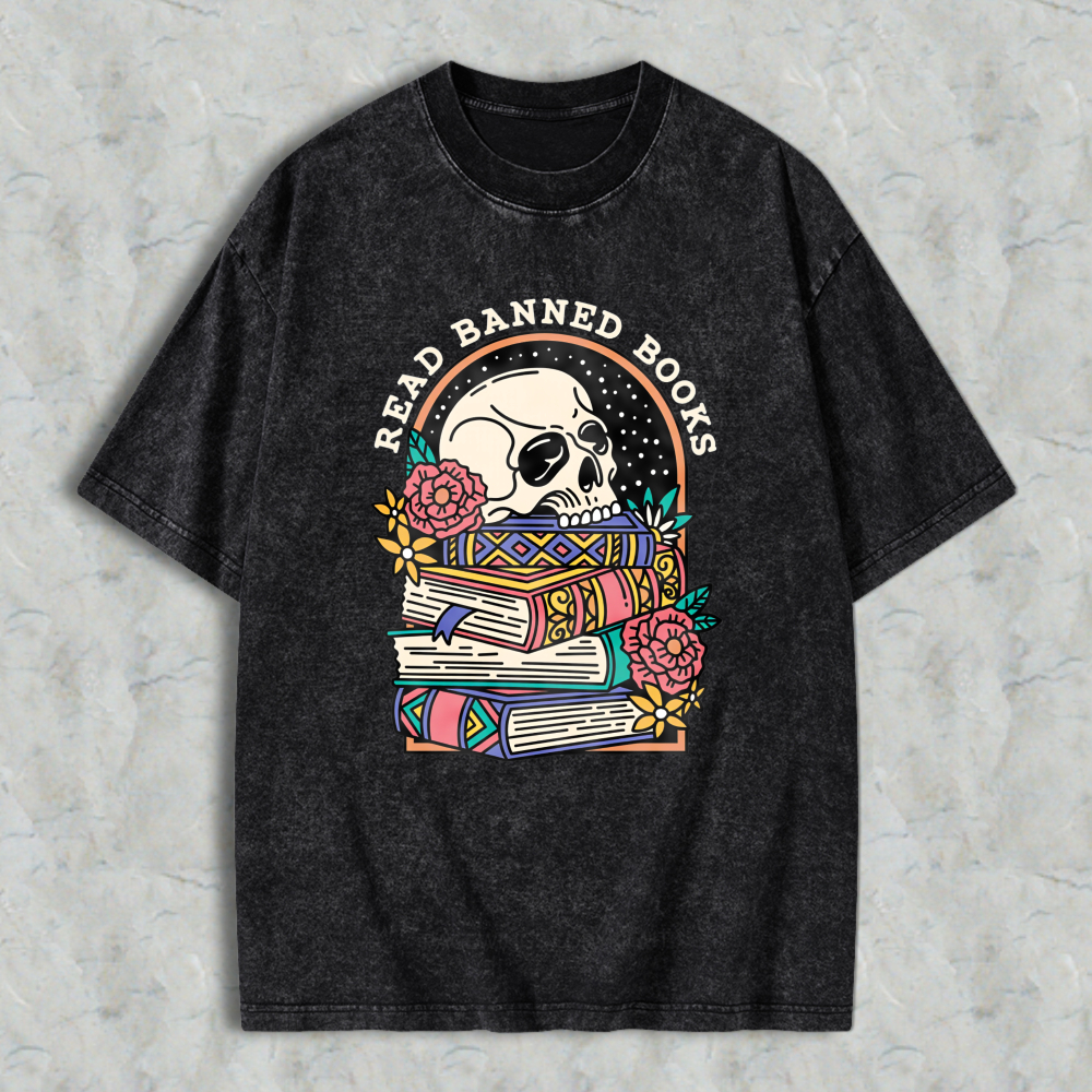 Wardrobecart Skull And Books With Flowers Read Banned Books Unisex Washed T-shirt