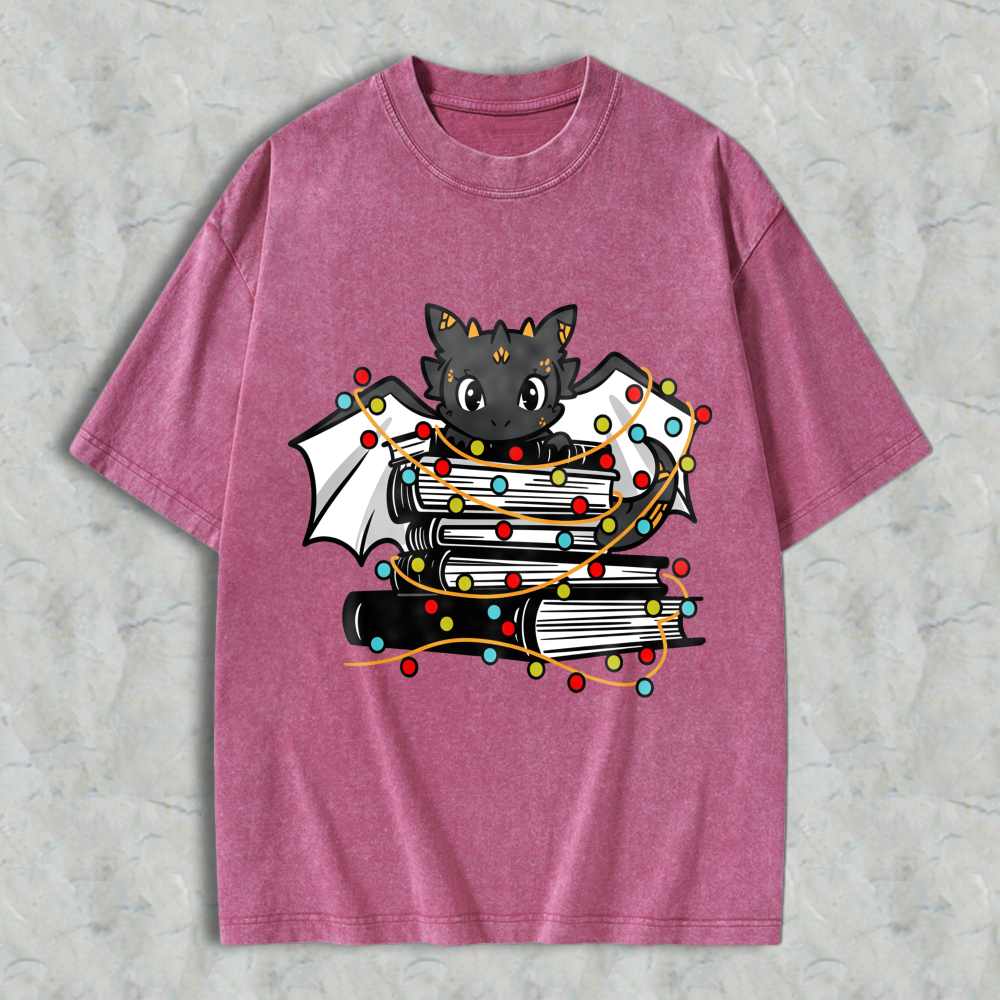 Wardrobecart Cute Bat With Books And Christmas Lights Unisex Washed T-shirt