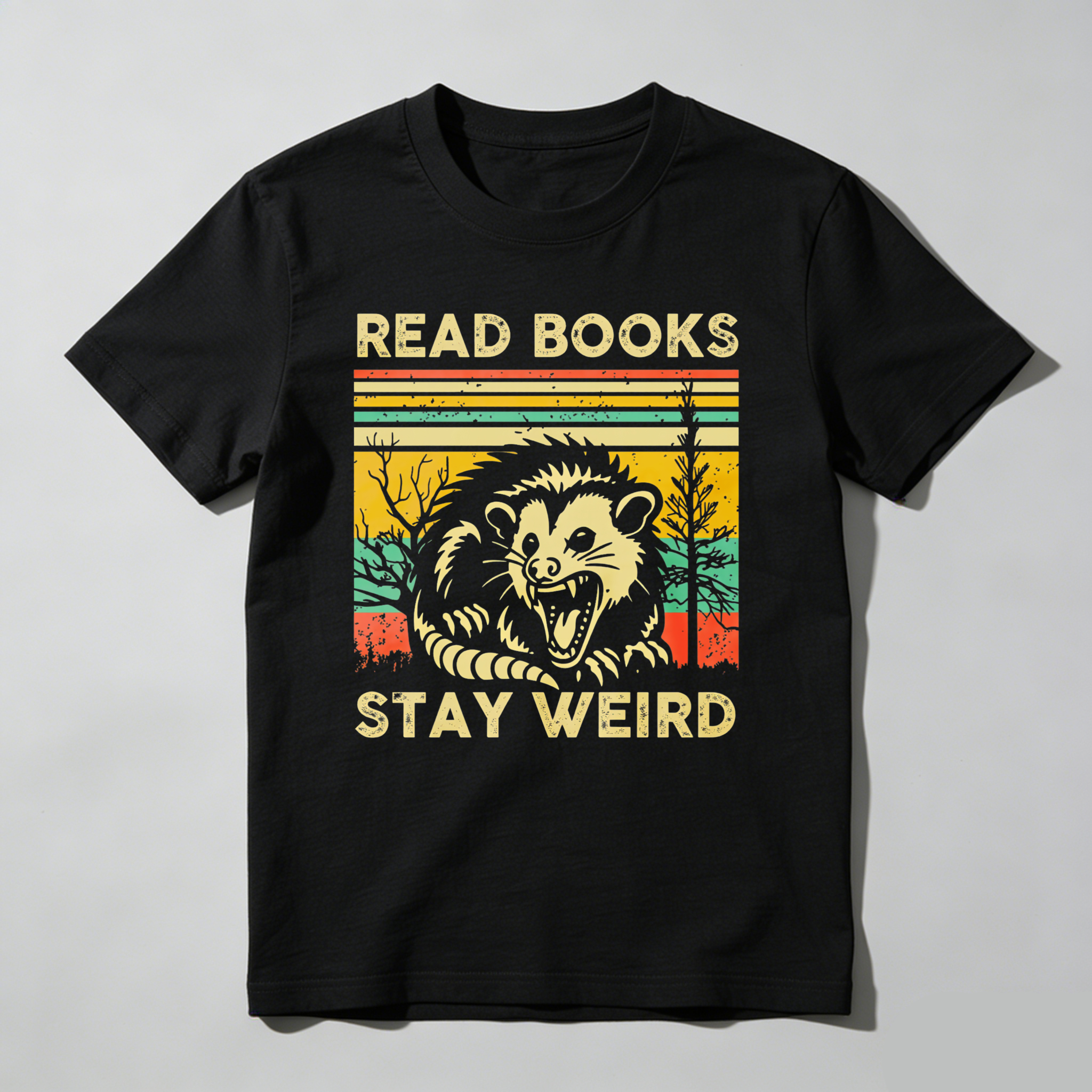 Wardrobecart Read Books Stay Weird Opossum Sunset Trees Tshirt