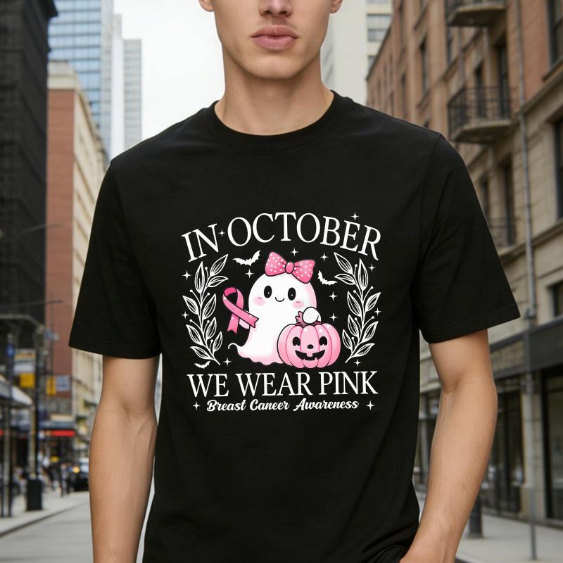In October We Wear Pink Breast Cancer Awareness Cute Ghost Pumpkin Unisex Classic T-shirt