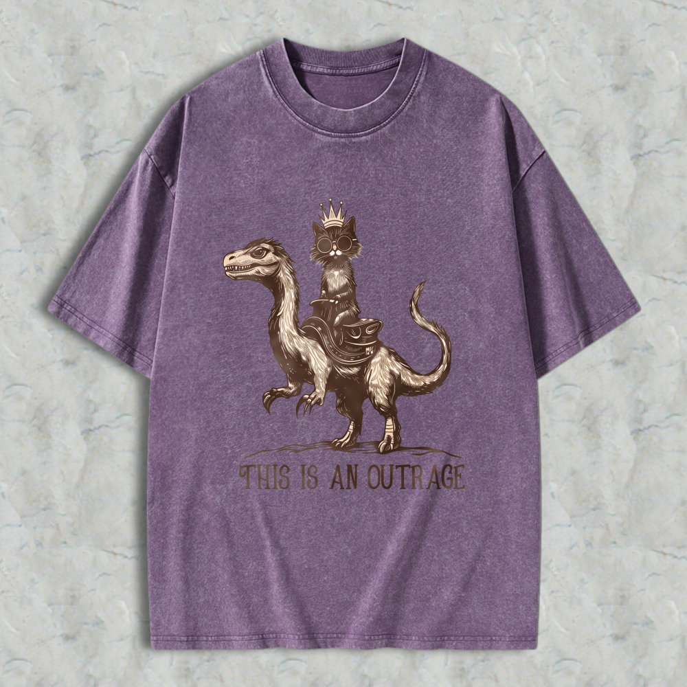 Wardrobecart Cat Riding Dinosaur With Crown And Text This Is An Outrage Unisex Washed T-shirt