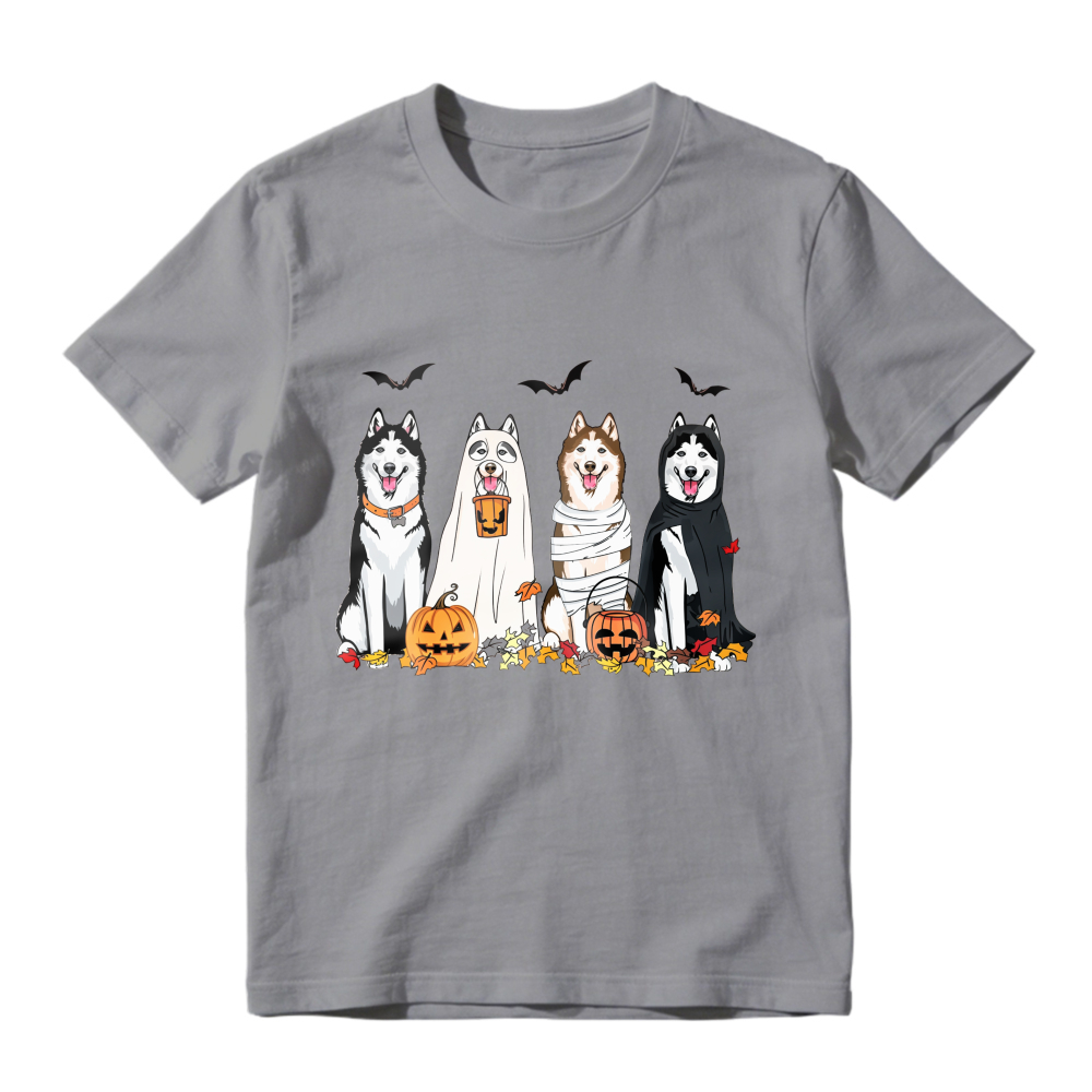 Halloween Husky Dogs In Costumes With Pumpkins And Bats, Unisex Classic T-shirt