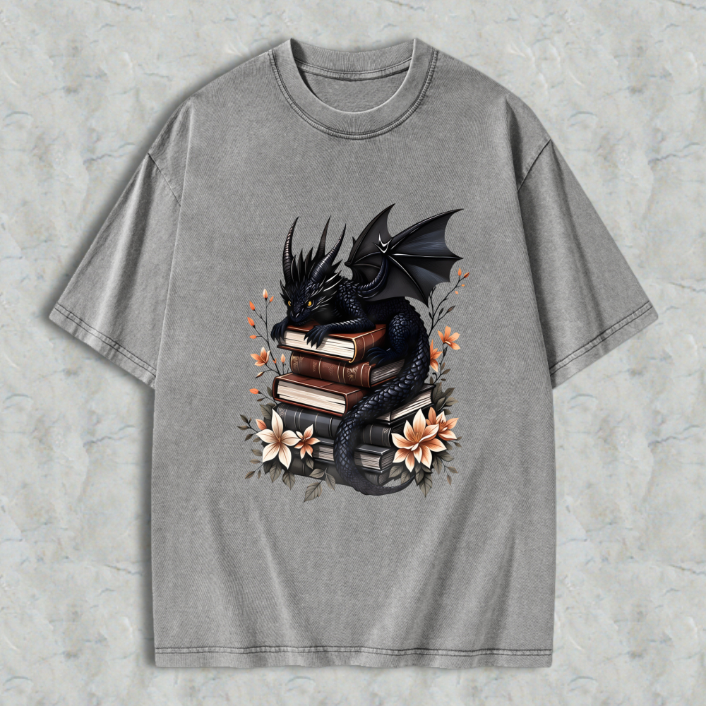 Wardrobecart Dragon With Books And Flowers Unisex Washed T-shirt